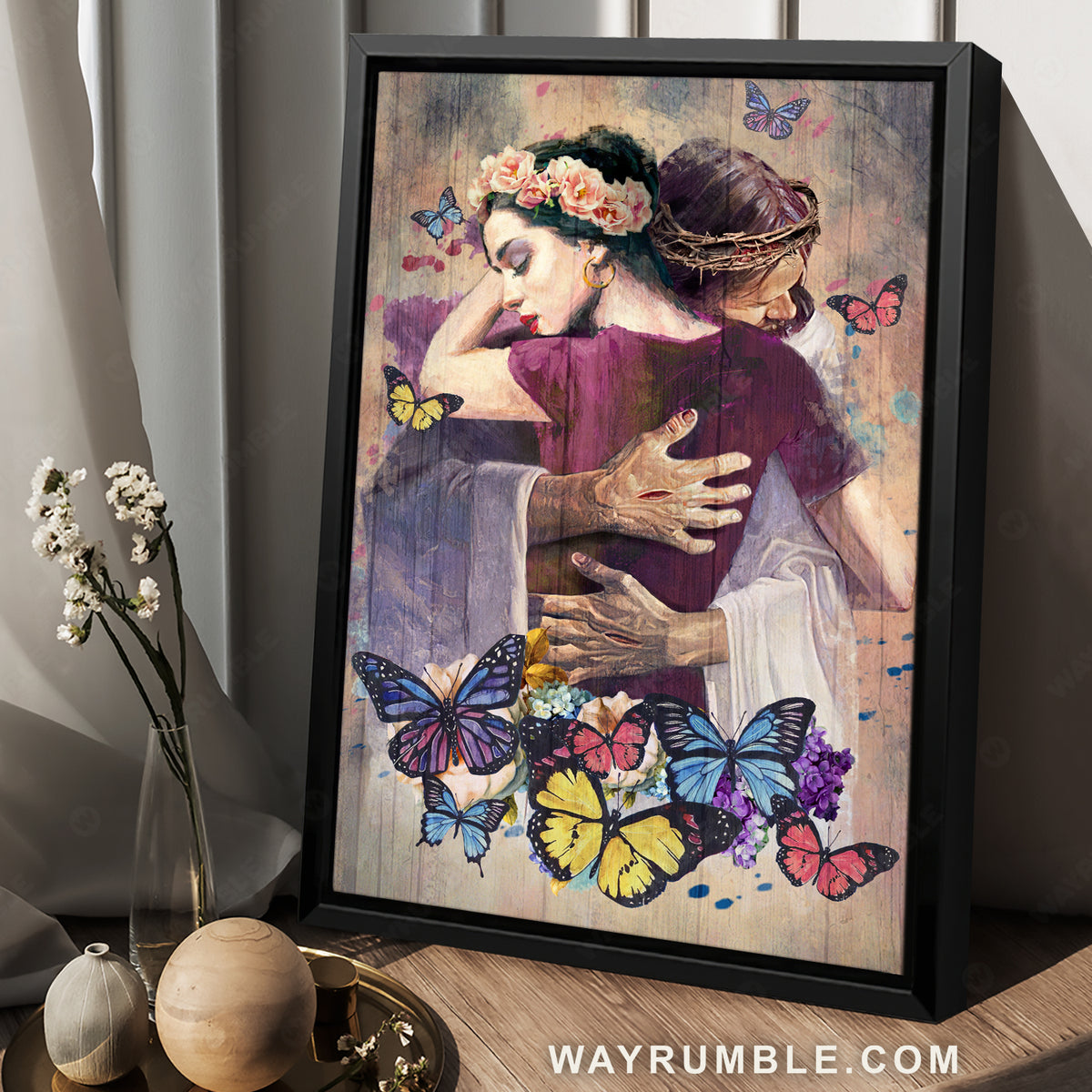 Abstract art, Watercolor butterflies, Jesus painting, Jesus hugs woman - Jesus Portrait Canvas Prints, Christian Wall Art