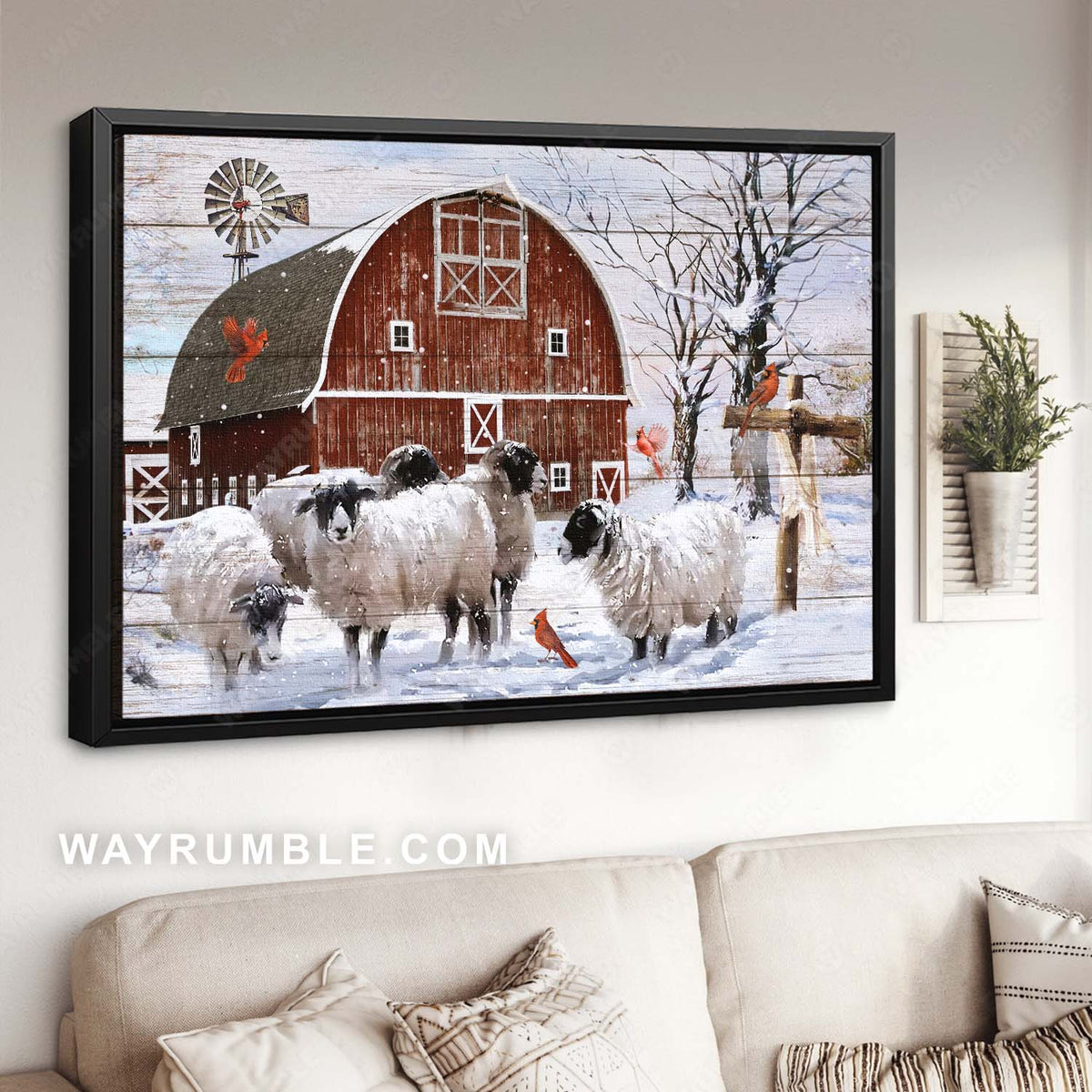 Cute sheep, Red barn house, Wooden cross, Beautiful snow on farm - Jesus Landscape Canvas Prints, Home Decor Wall Art