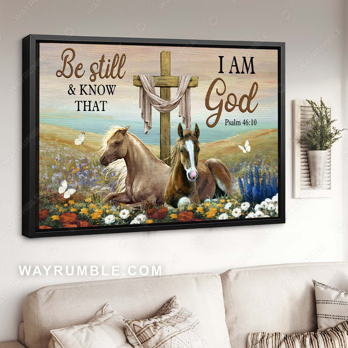Beautiful horses, Old rugged cross, Flower field, Be still and know that I am God - Jesus Landscape Canvas Prints, Christian Wall Art