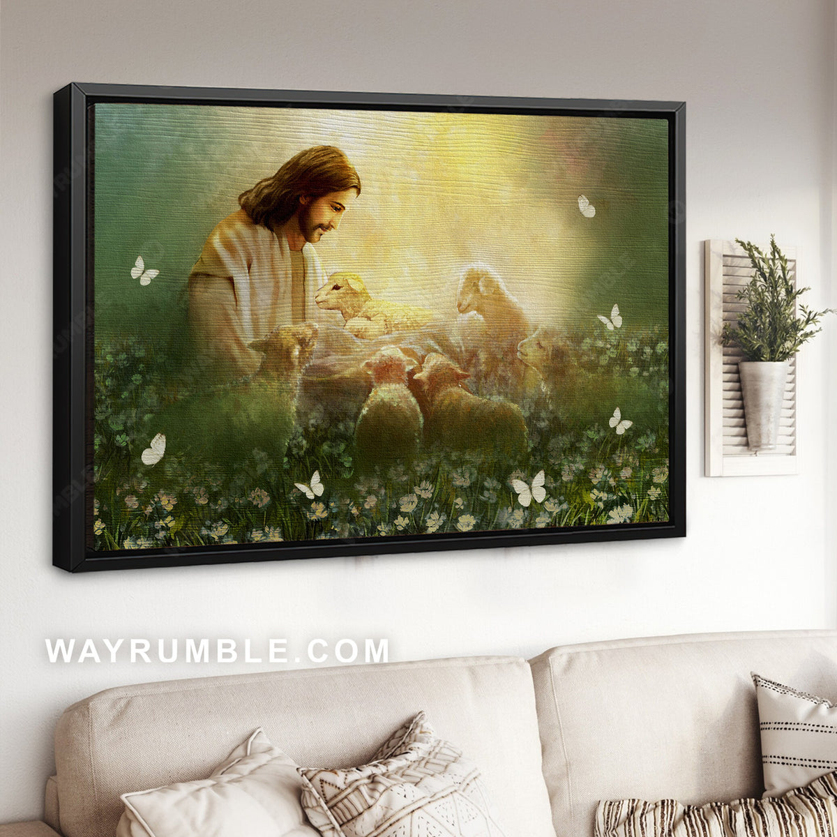 Lamb of God, Jesus painting, White butterfly, Flower field, Religious art - Jesus Landscape Canvas Prints, Christian Wall Art