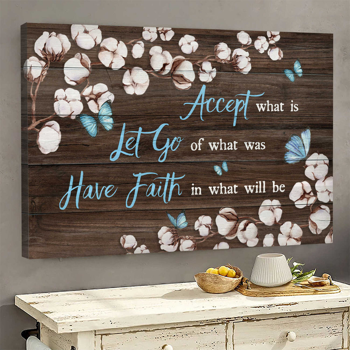 Cotton flower, Butterfly, Vintage Painting, Have faith in what will be - Jesus Landscape Canvas Prints, Wall Art
