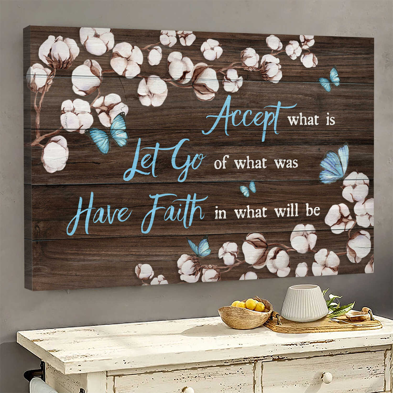 Cotton flower, Butterfly, Vintage Painting, Have faith in what will be - Jesus Landscape Canvas Prints, Wall Art