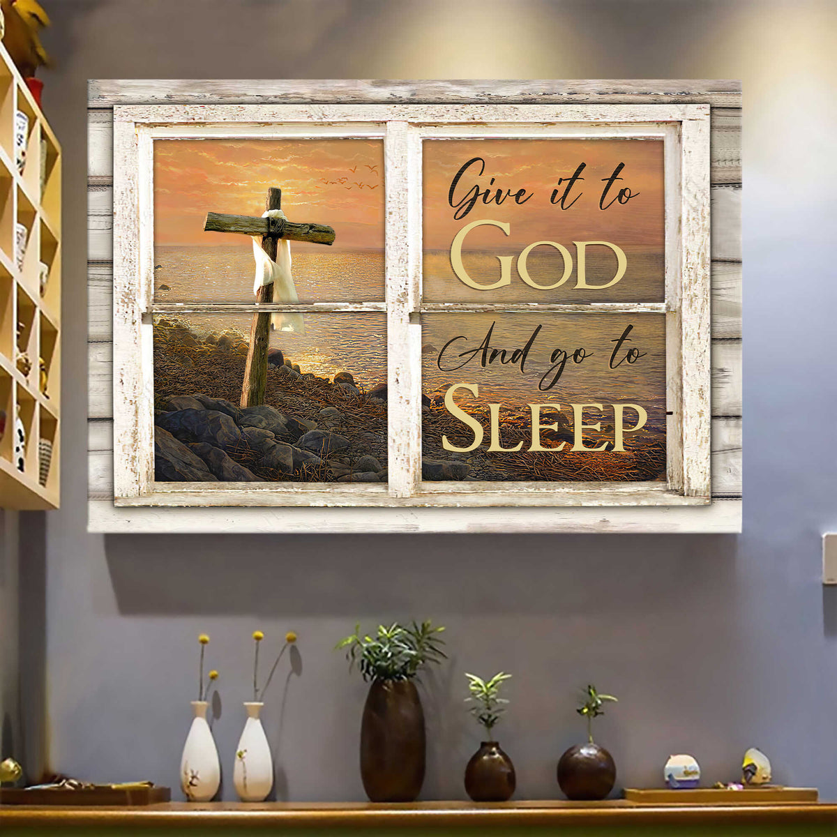 Sunset Landscape, Wooden Cross, By the beach, Give it to God and go to sleep - Jesus Landscape Canvas Prints, Wall Art