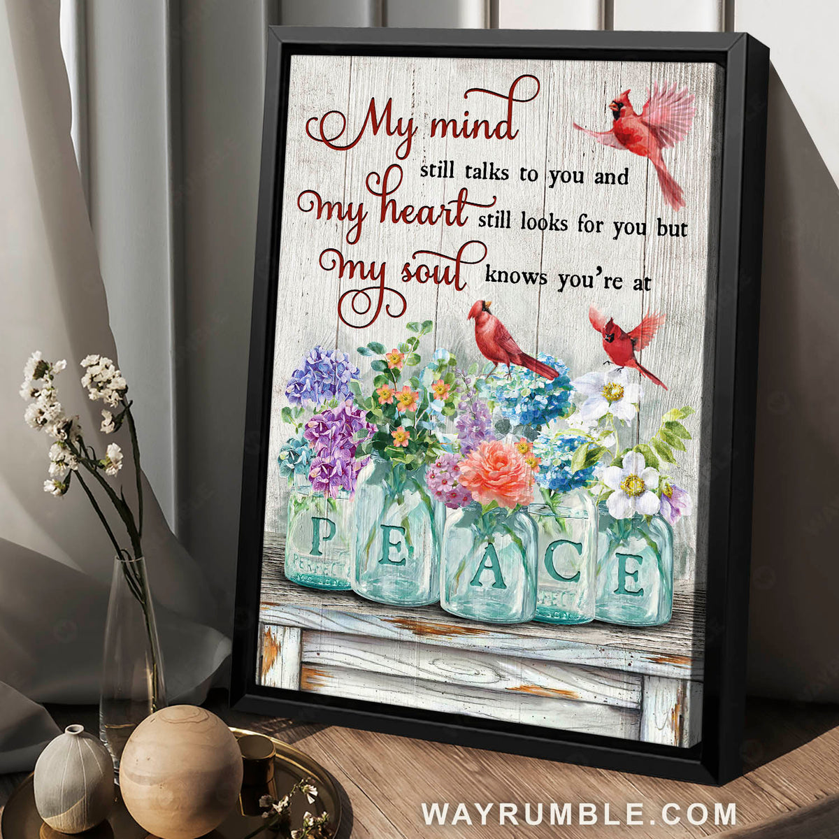 Red cardinal painting, Charming flower vase, My soul knows you are at peace - Heaven Portrait Canvas Prints, Wall Art