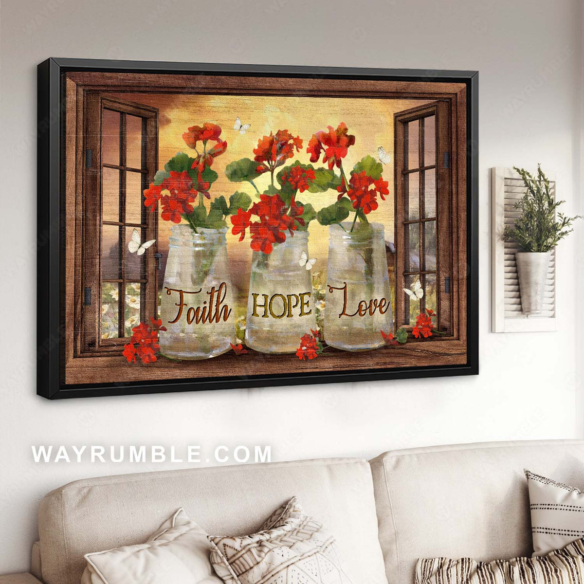 Abstract red flower painting, White butterfly, Wooden windows, Faith Hope Love - Jesus Landscape Canvas Prints, Home Decor Wall Art