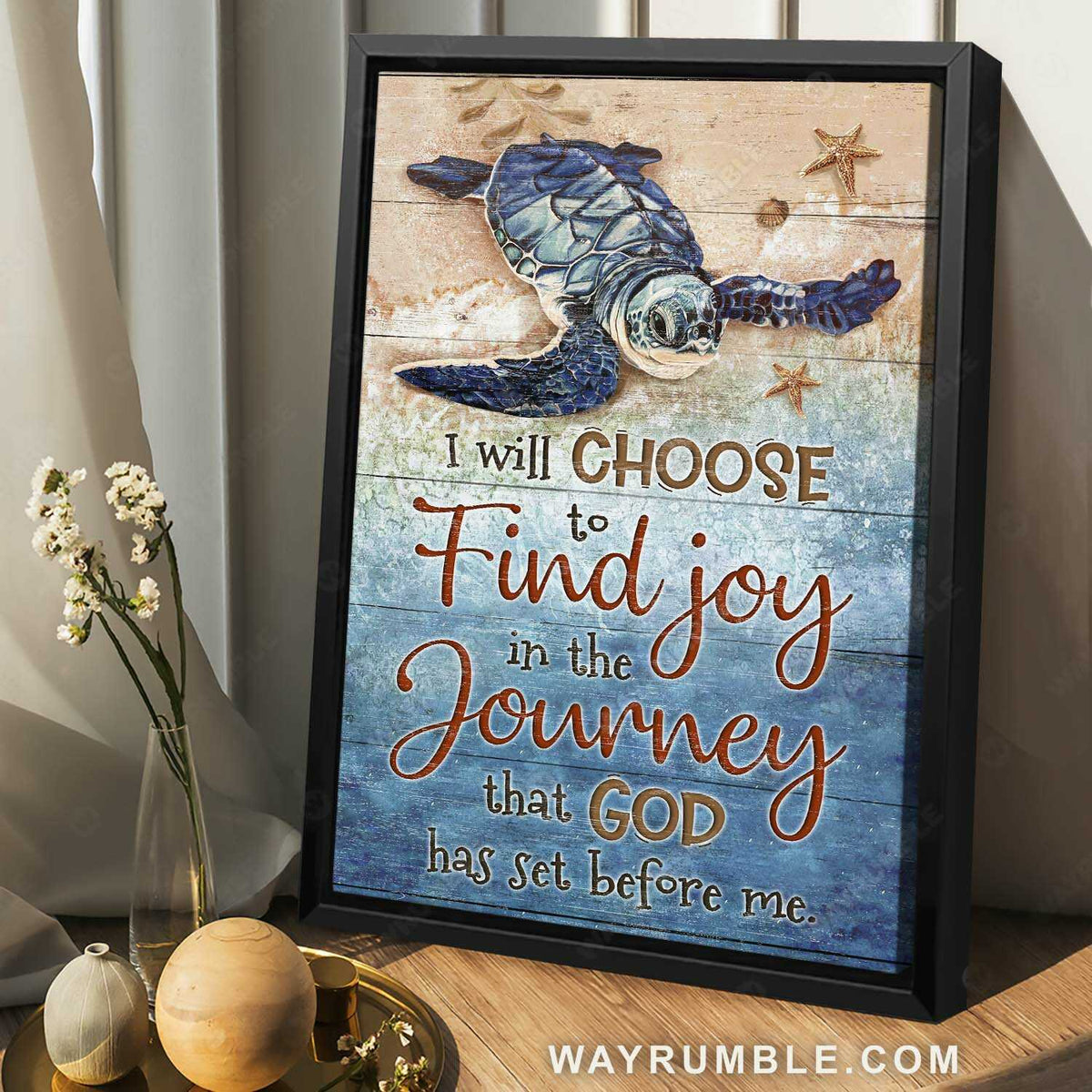 Sea turtle, On the beach, Inspirational quote, I will choose to find joy - Jesus Portrait Canvas Prints, Home Decor Wall Art