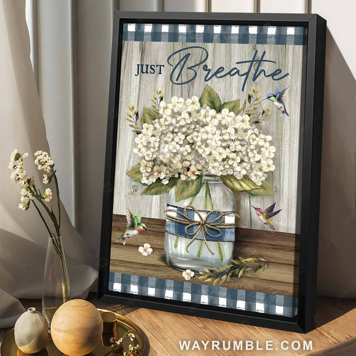 White flower vase, Hummingbird painting, Inspirational quote, Just breathe - Jesus Portrait Canvas Prints, Home Decor Wall Art