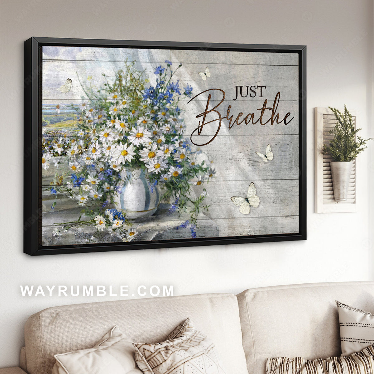 Daisy flower, White butterfly, Stunning flower vase, Just breathe - Jesus Landscape Canvas Prints, Home Decor Wall Art