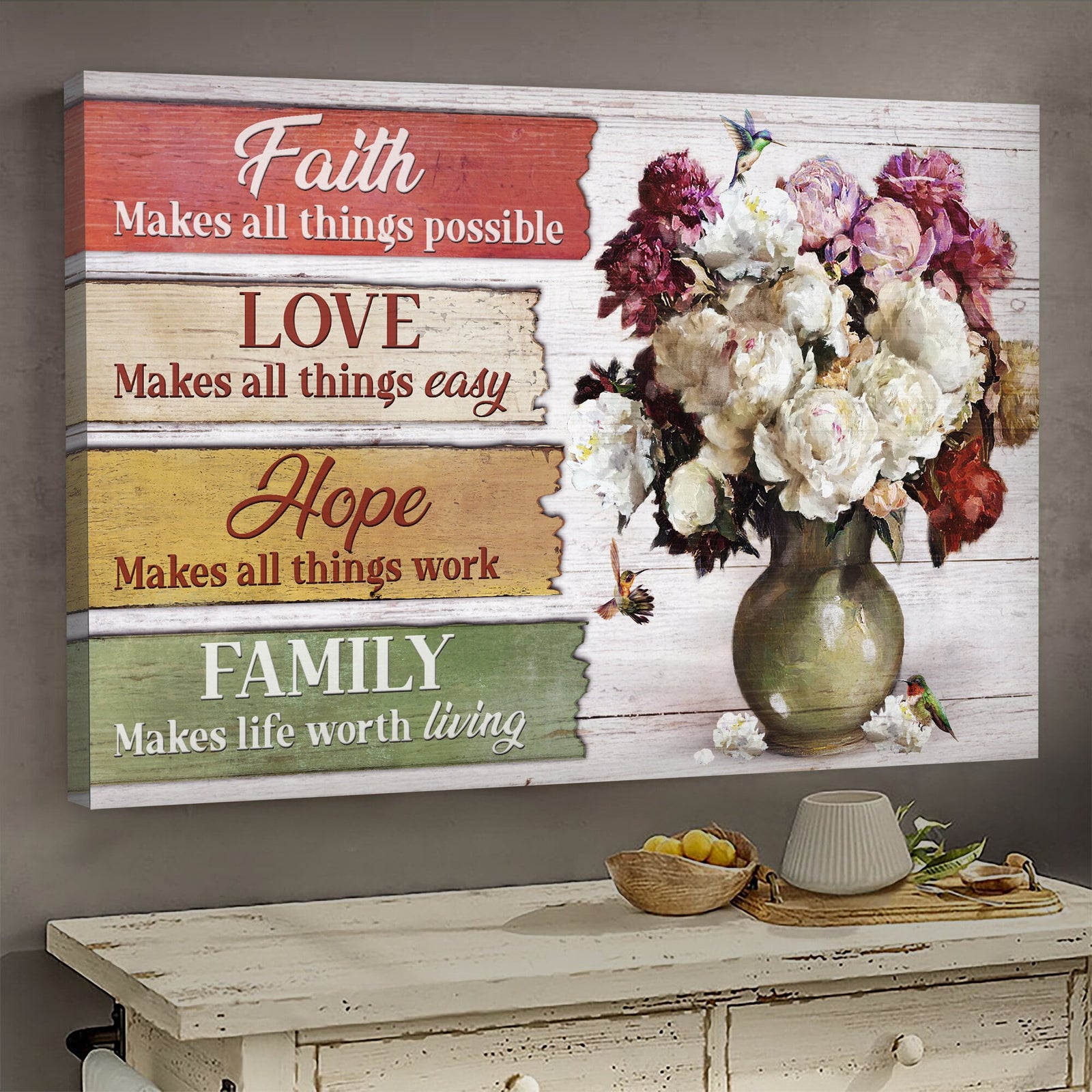 Peonies vase, Hummingbird, Vintage Painting, Faith, hope, love, family - Jesus Landscape Canvas Prints, Wall Art