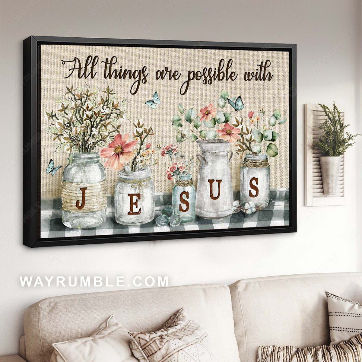 Pretty cotton flower jar, Lovely blue butterfly, All things are possible with Jesus - Jesus Landscape Canvas Prints, Christian Wall Art