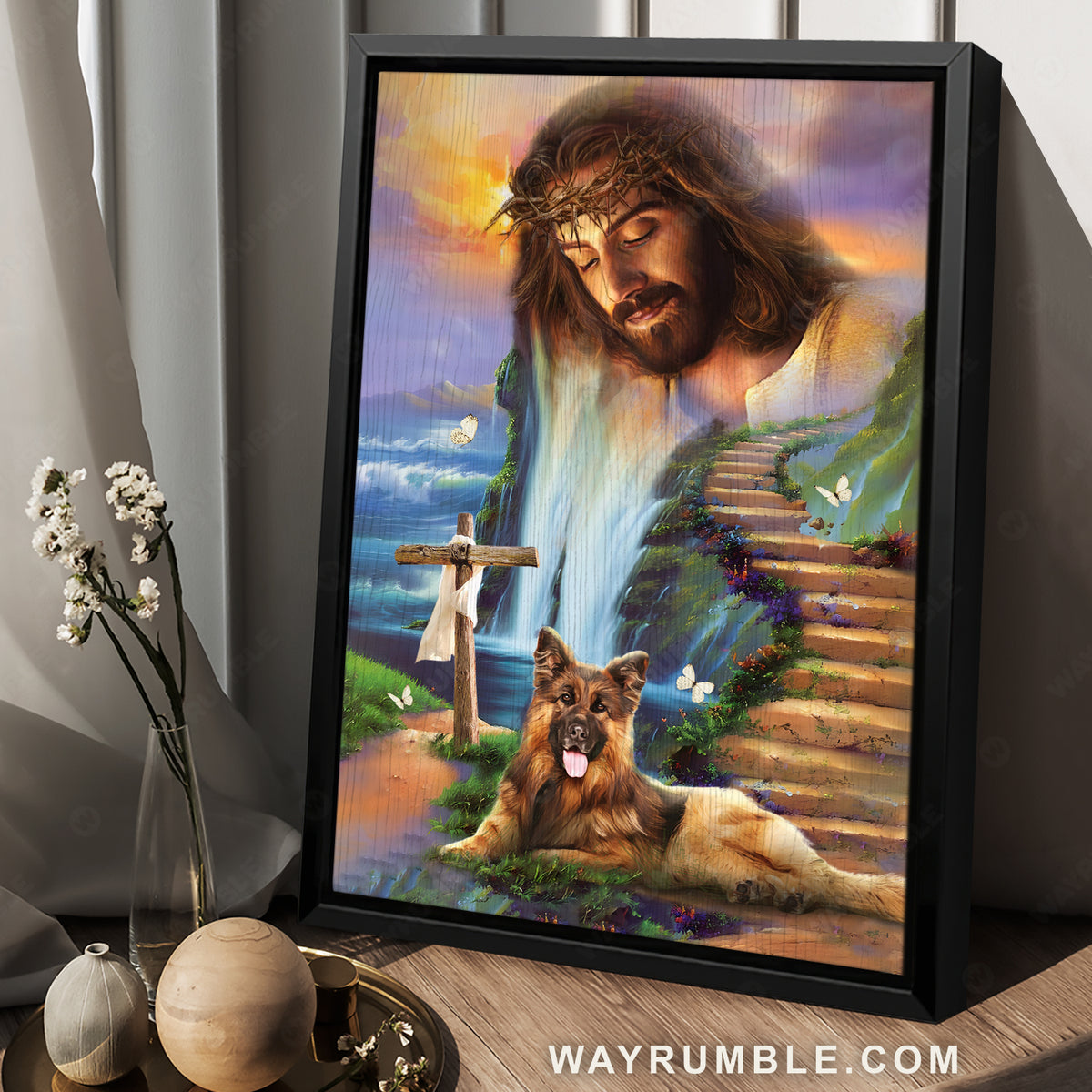 Lovely German Shepherd, Gorgeous Jesus painting, Beautiful path to heaven - Jesus Portrait Canvas Prints, Christian Wall Art