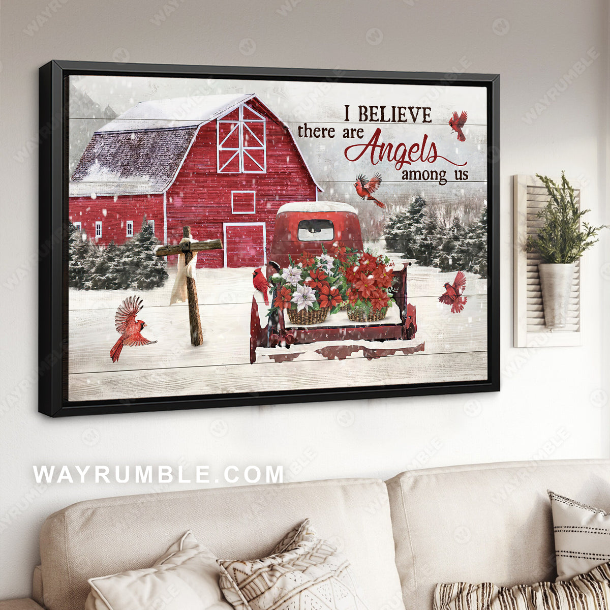 Farmhouse in winter, Red truck, Poinsettia flower, I believe there are angels among us - Jesus Landscape Canvas Prints, Home Decor Wall Art