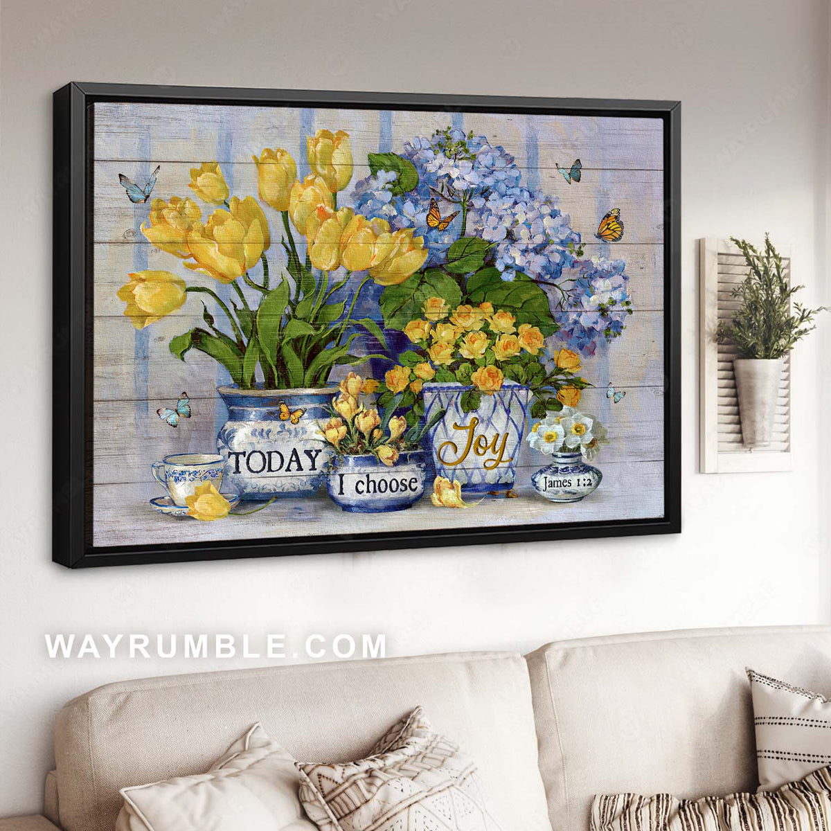 Blue hydrangea, Watercolor flower, Colorful butterfly, Today I choose joy - Jesus Landscape Canvas Prints, Home Decor Wall Art