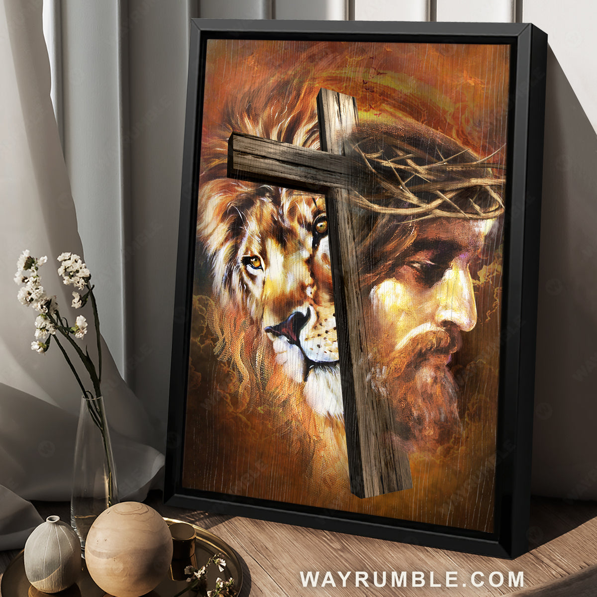 Amazing Jesus painting, Lion of Judah, Crown of thorns, Wooden cross - Jesus Portrait Canvas Prints, Christian Wall Art