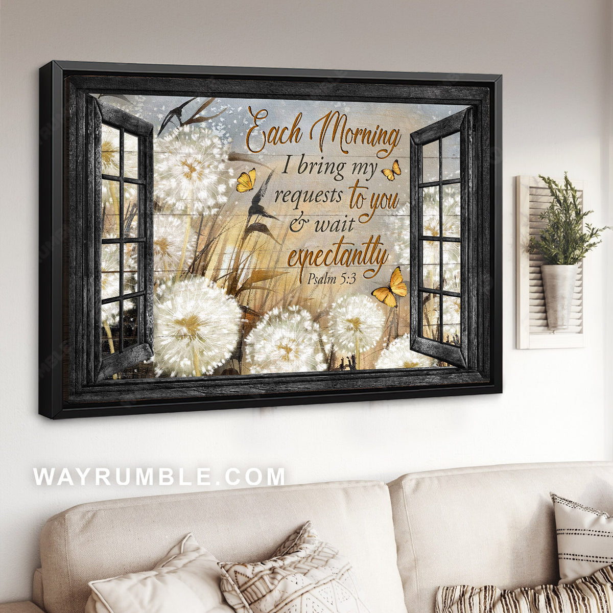 Dandelion field, Yellow butterfly, Bible verse, Each morning I bring my requests to you - Jesus Landscape Canvas Prints, Home Decor Wall Art