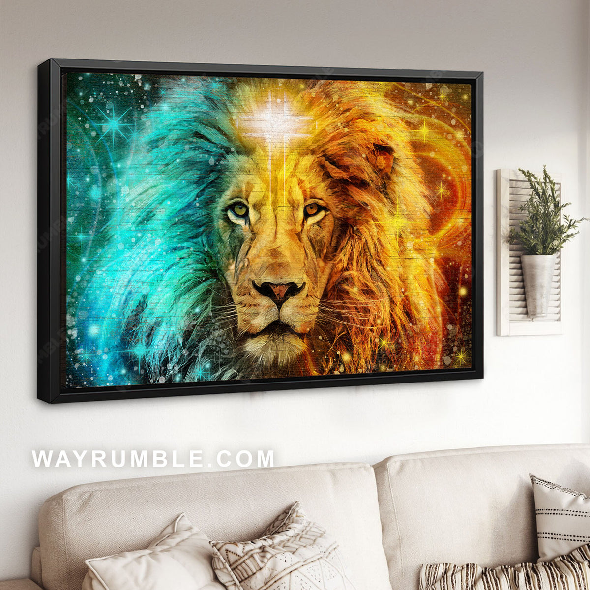 Fantastic lion head, Watercolor Lion of Judah, Stunning cross - Jesus Landscape Canvas Prints, Christian Wall Art