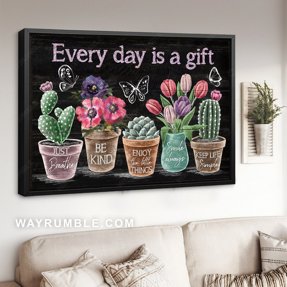 Abstract flower painting, Rustic cactus, Tulip flower, Butterfly, Every day is a gift - Jesus Landscape Canvas Prints, Home Decor Wall Art