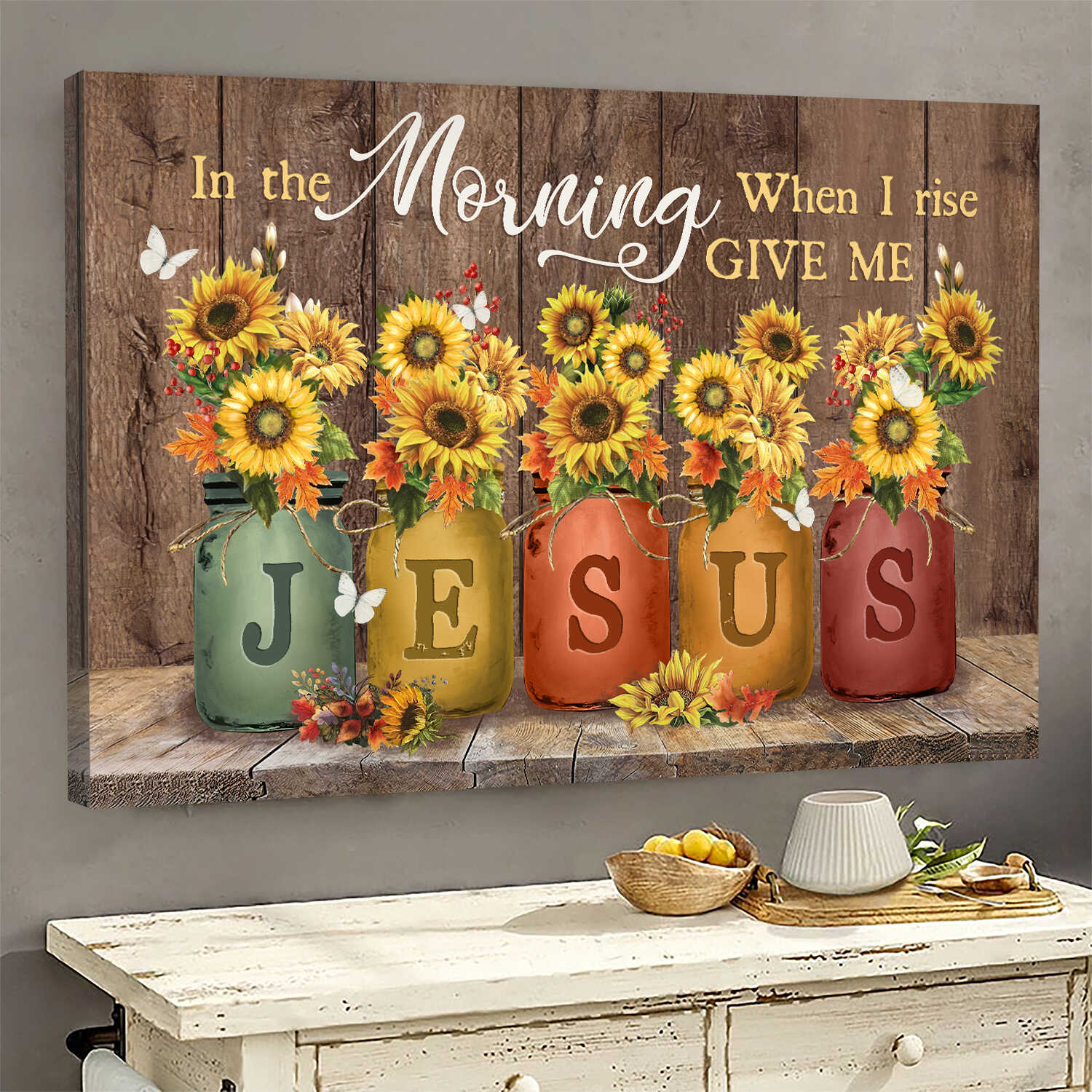 White butterfly drawing, Brilliant sunflower, In the morning when I rise give me Jesus - Jesus Landscape Canvas Prints, Wall Art