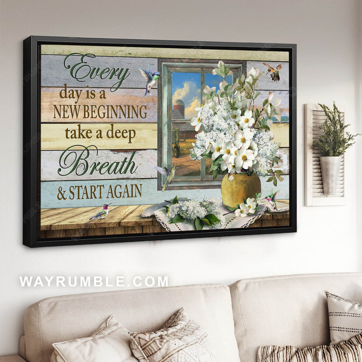 Hummingbird painting, Flower vase, White flower, Every day is a new beginning - Jesus Landscape Canvas Prints, Home Decor Wall Art