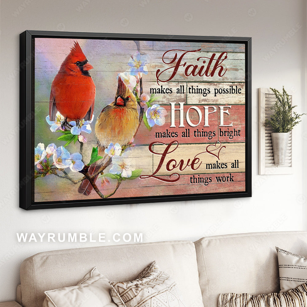 Cardinal couple, Cherry blossom, Positive quote, Faith Hope Love - Jesus Landscape Canvas Prints, Home Decor Wall Art