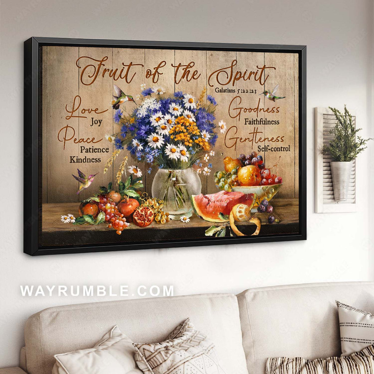 Gorgeous flower vase, Fresh fruit, Hummingbird painting, Fruit of the spirit - Jesus Landscape Canvas Prints, Home Decor Wall Art