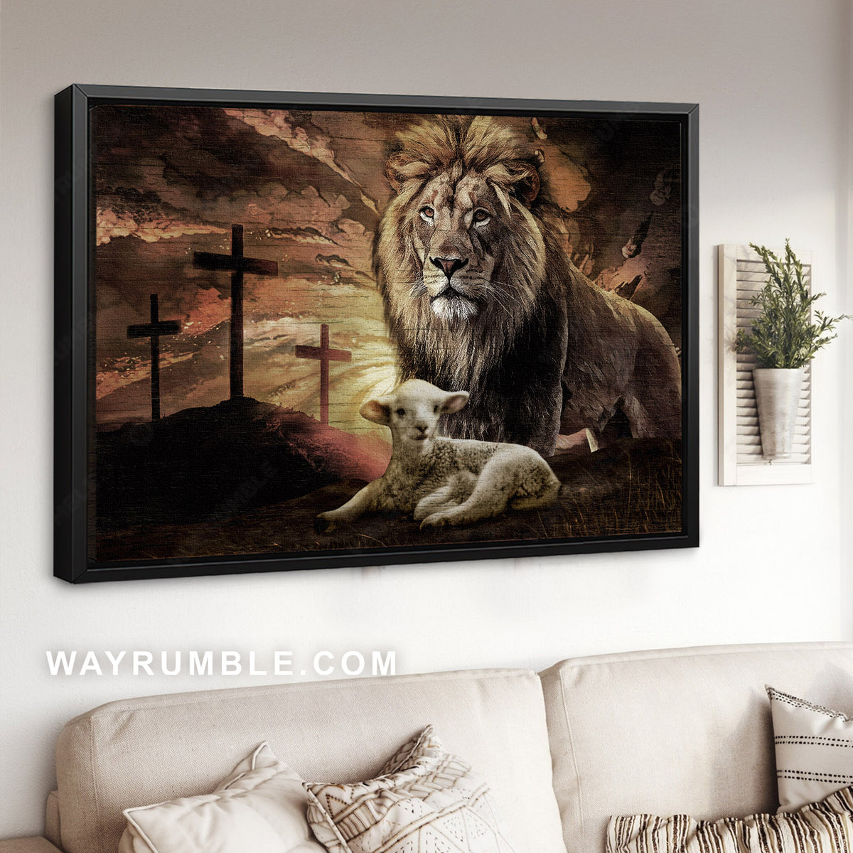 Awesome Lion of Judah, Lamb of God, Three crosses on hill, Religious art - Jesus Landscape Canvas Prints, Christian Wall Art