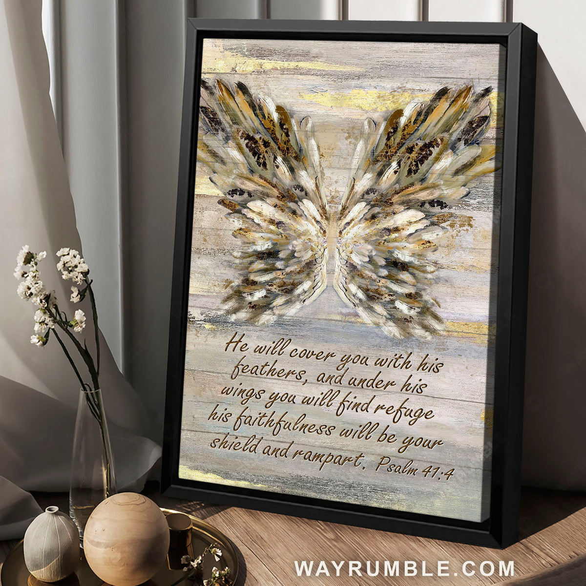 Abstract wings, Bible verse, Inspirational quote, He will cover you with this feathers - Jesus Portrait Canvas Prints, Home Decor Wall Art