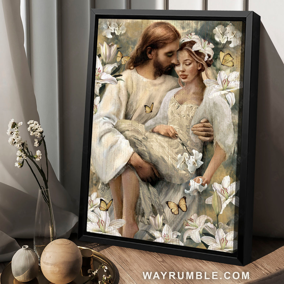 Beautiful woman, Lily flowers, Yellow butterfly, In the arms of God - Jesus Portrait Canvas Prints, Christian Wall Art