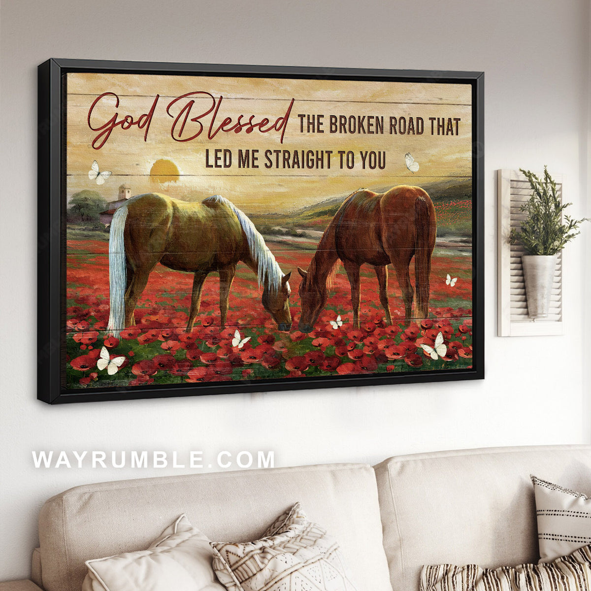 Horse painting, White butterfly, Poppy flower field, God blessed the broken road - Jesus Landscape Canvas Prints, Home Decor Wall Art