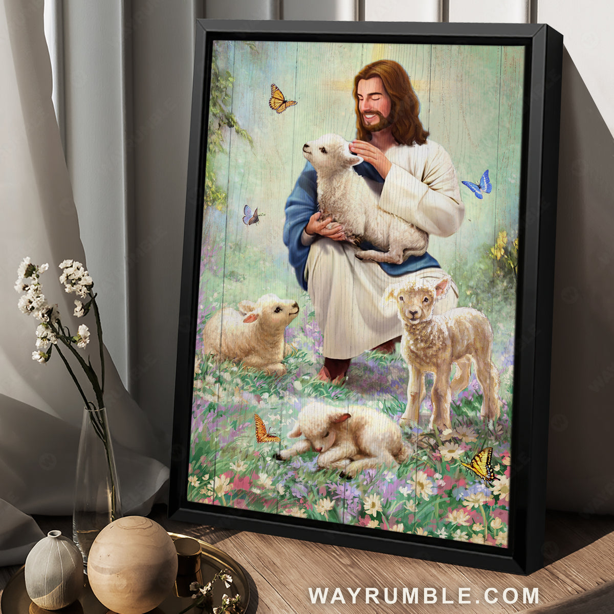 Lamb of God, Abstract Jesus painting, Watercolor butterfly, Flower garden - Jesus Portrait Canvas Prints, Christian Wall Art