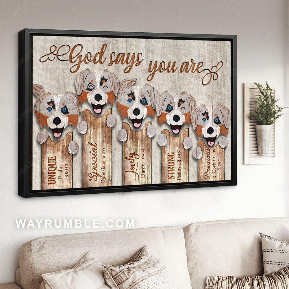 Amazing Australian Shepherd, Funny dog drawing, God says you are - Jesus Landscape Canvas Prints, Christian Wall Art