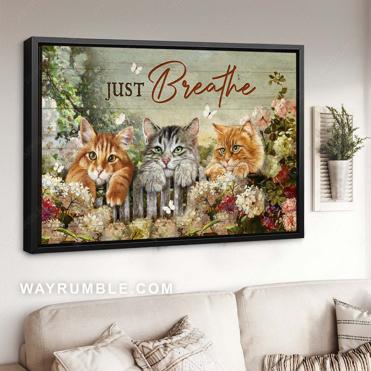 Adorable cat, Stunning flower garden Amazing white butterfly, Just breathe - Jesus Landscape Canvas Prints, Christian Wall Art