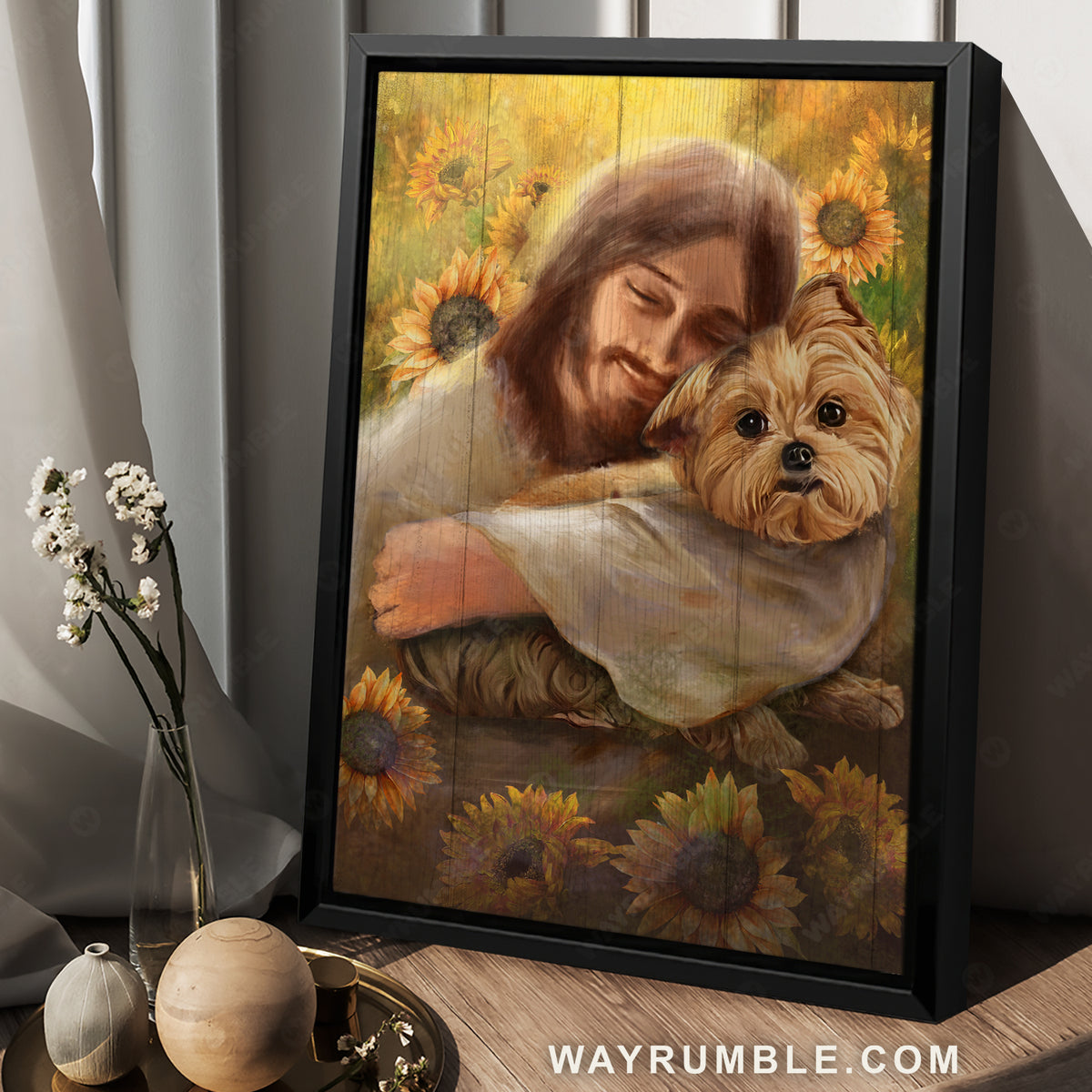 Yorkshire Terrier, Abstract Jesus painting, Inspirational art, Among sunflower field - Jesus Portrait Canvas Prints, Home Decor Wall Art