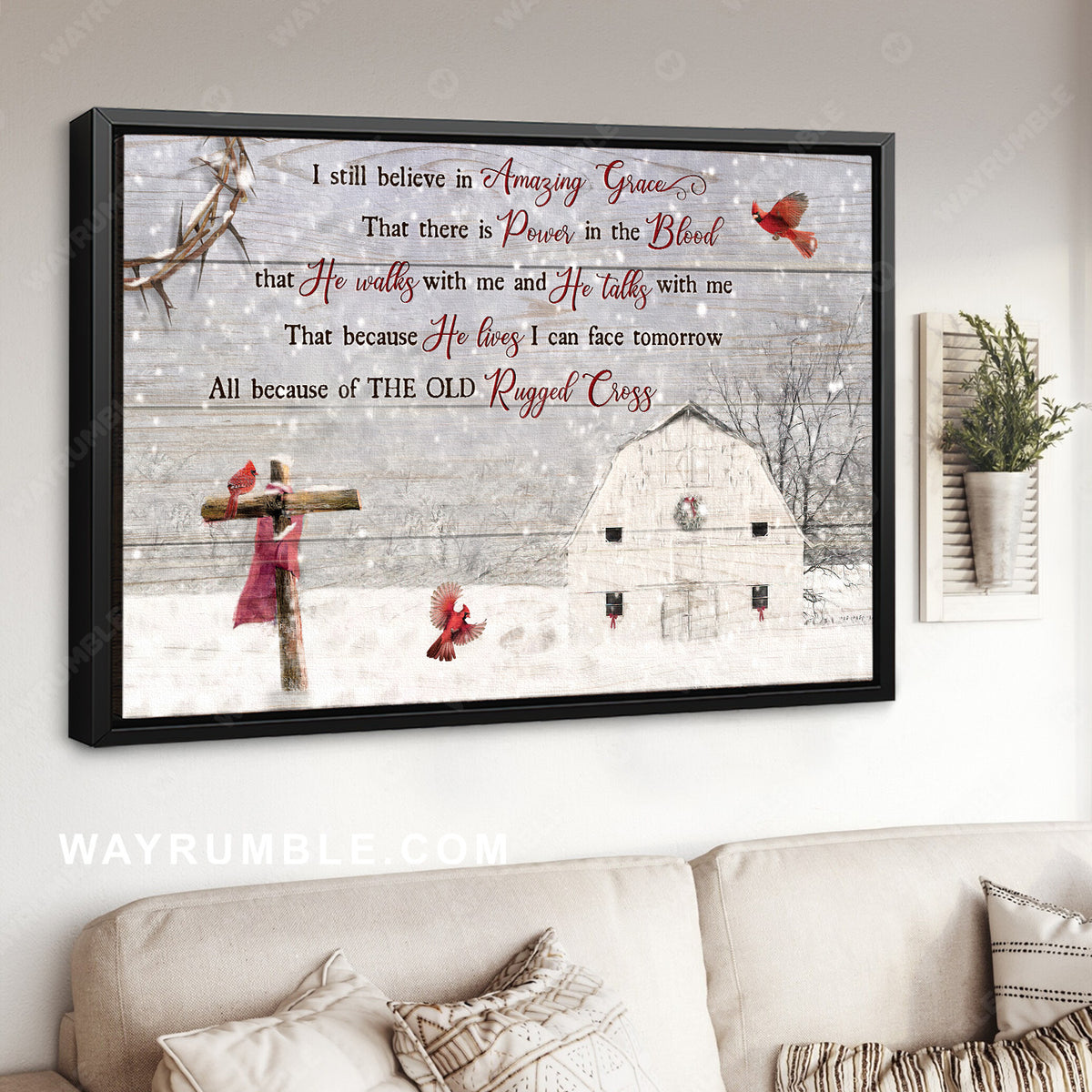 Snow on farm, Red cardinal, Rustic farmhouse, I still believe in amazing grace - Jesus Landscape Canvas Prints, Home Decor Wall Art