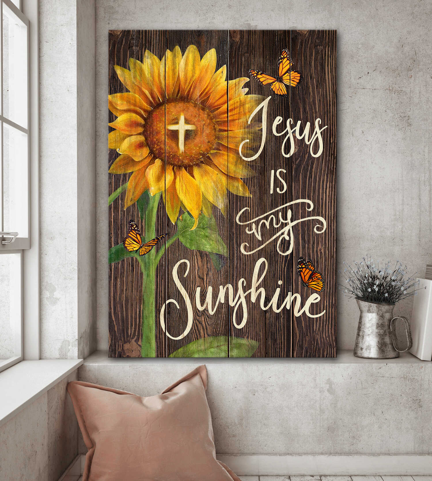 Sunflower, Cross, Butterfly, Jesus is my sunshine - Jesus Portrait Canvas Prints, Wall Art
