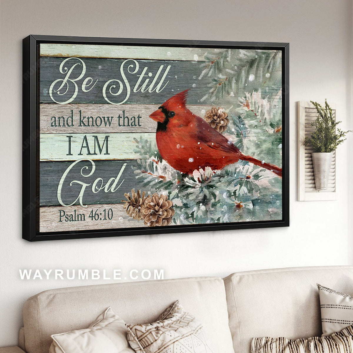 Cute red cardinal, Pine tree, Snowfall drawing, Be still and know that I am God - Jesus Landscape Canvas Prints, Home Decor Wall Art