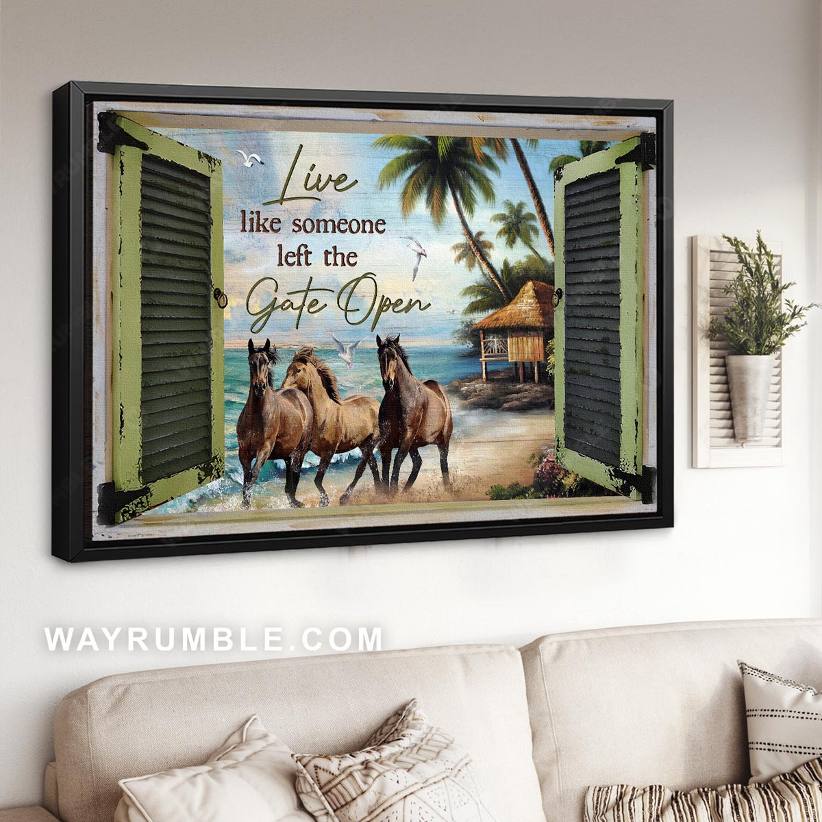 Brown horses, On the beach, Tropical island, Live like someone left the gate open - Jesus Landscape Canvas Prints, Home Decor Wall Art
