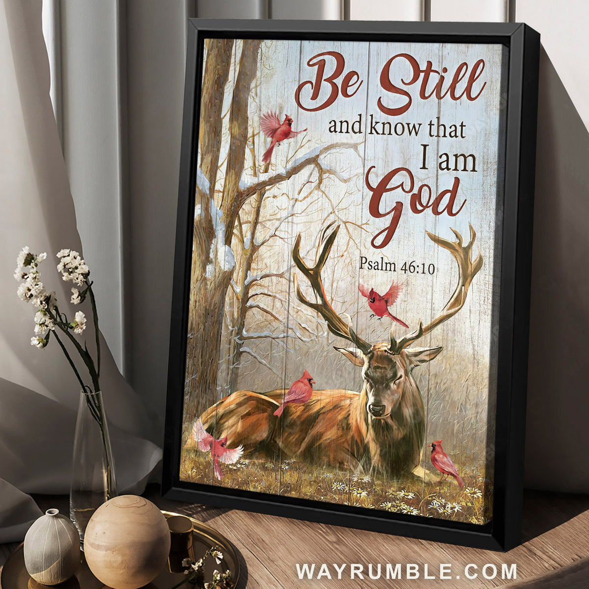 Deer painting, Red cardinal, Winter season, Be still and know that I am God - Jesus Portrait Canvas Prints, Home Decor Wall Art
