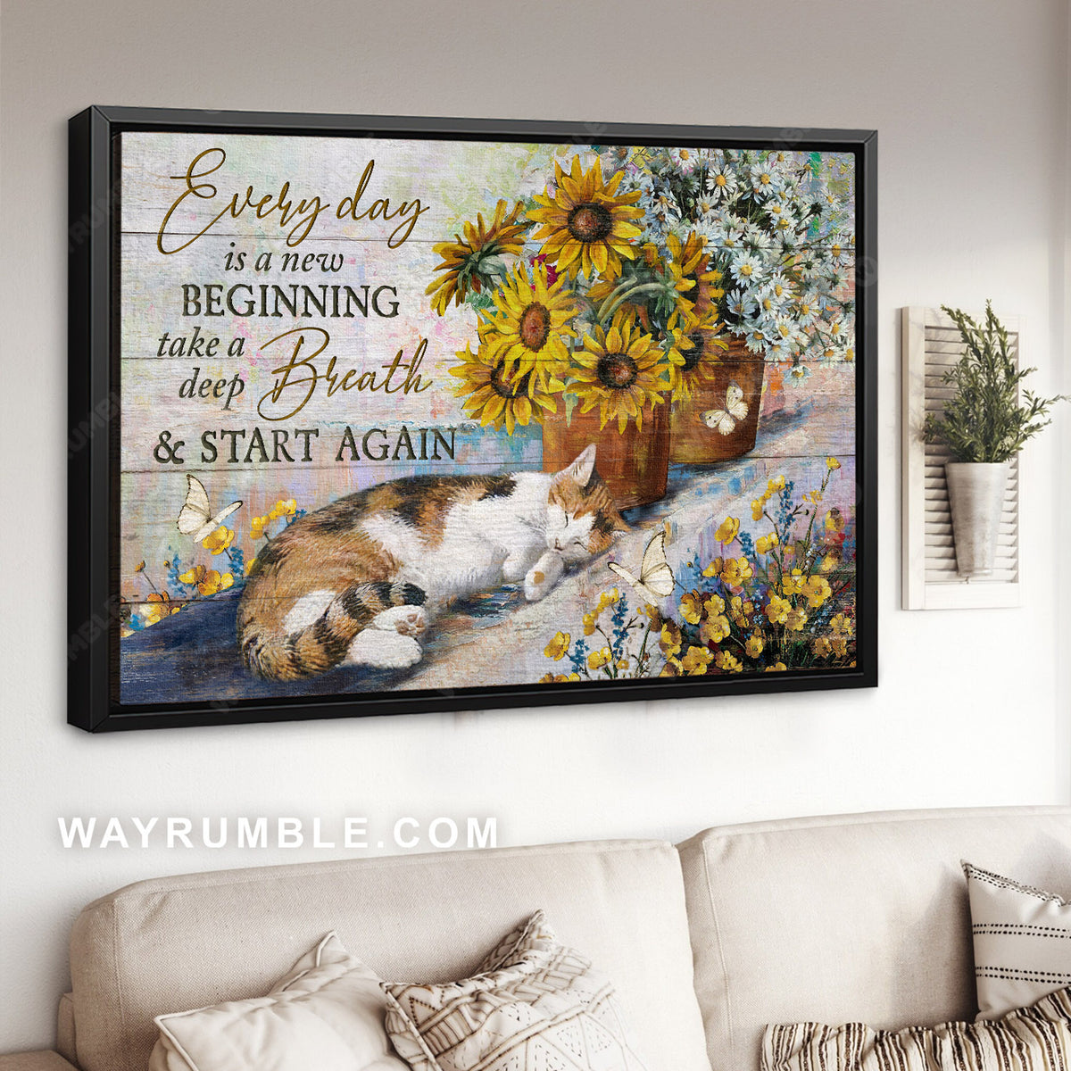 Flower garden, Cat painting, White butterfly, Every day is a new beginning - Jesus Landscape Canvas Prints, Home Decor Wall Art