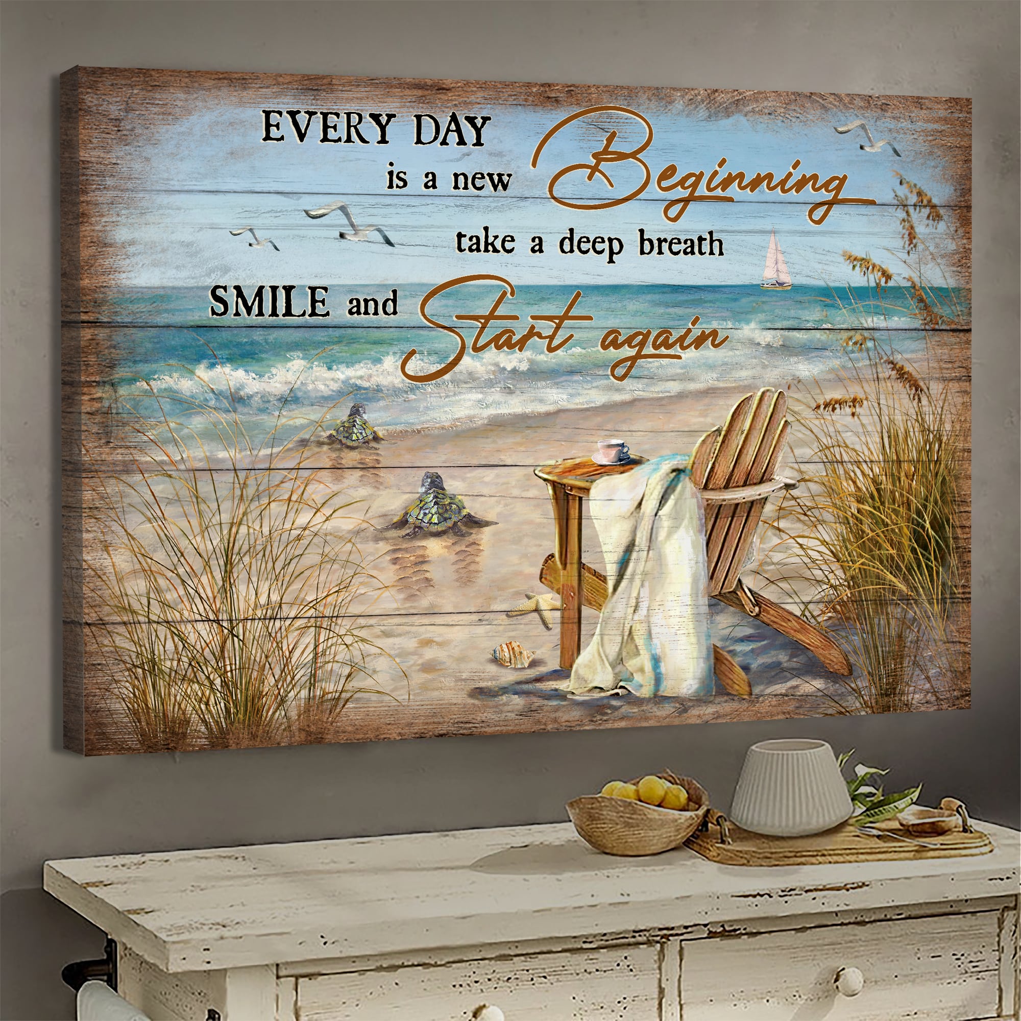Sea Turtle, On the beach, Every day is a new beginning - Jesus Landscape Canvas Prints, Wall Art