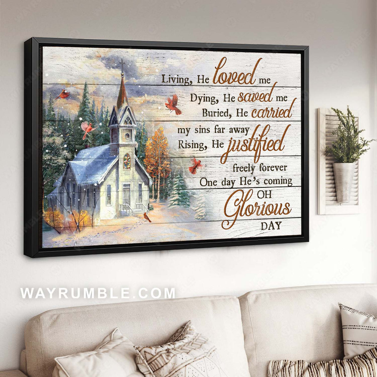 Catholic church, Red cardinal, Snowy forest, Glorious day - Jesus Landscape Canvas Prints, Home Decor Wall Art