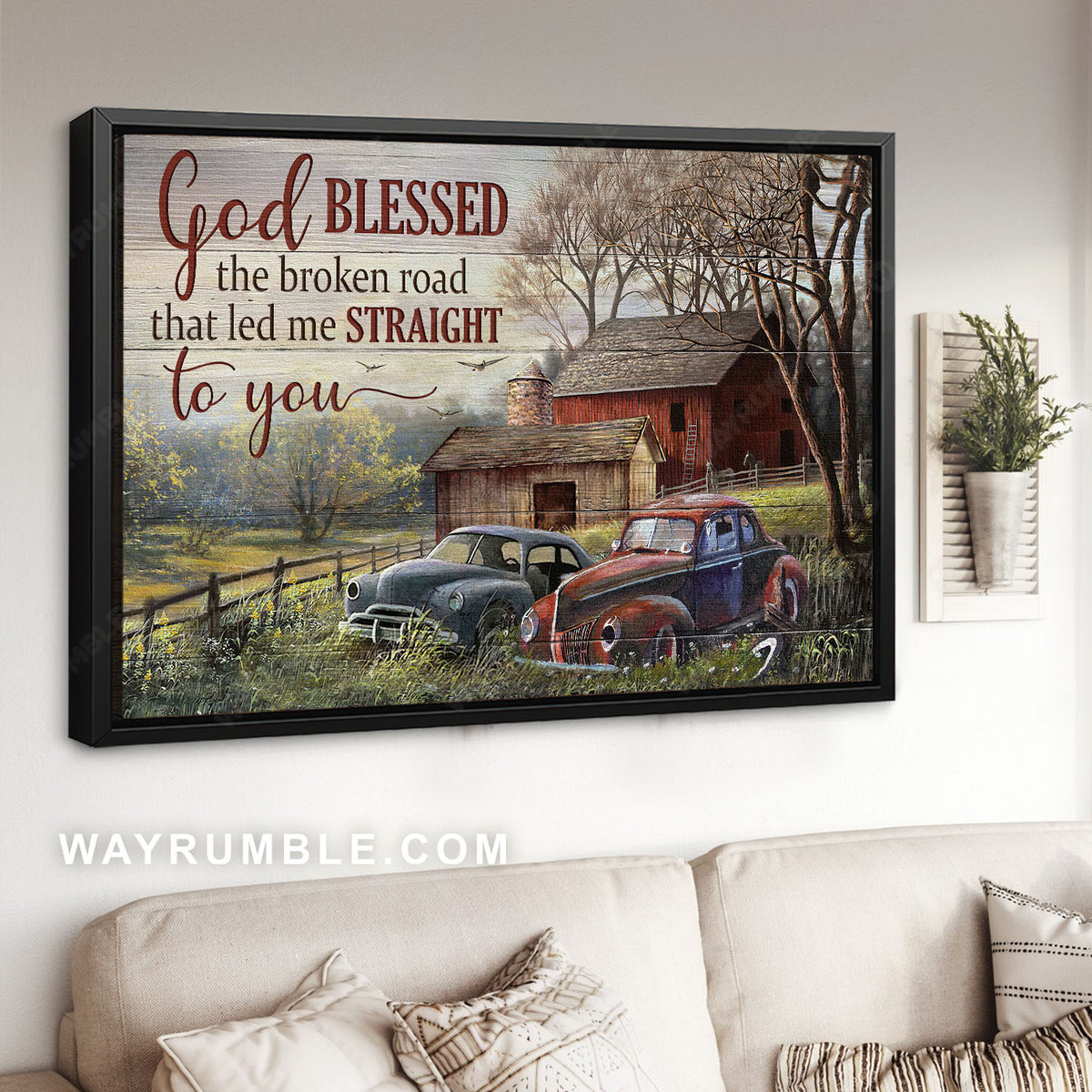 Forest painting, Old car, Rustic farmhouse, God blessed the broken road - Jesus Landscape Canvas Prints, Home Decor Wall Art