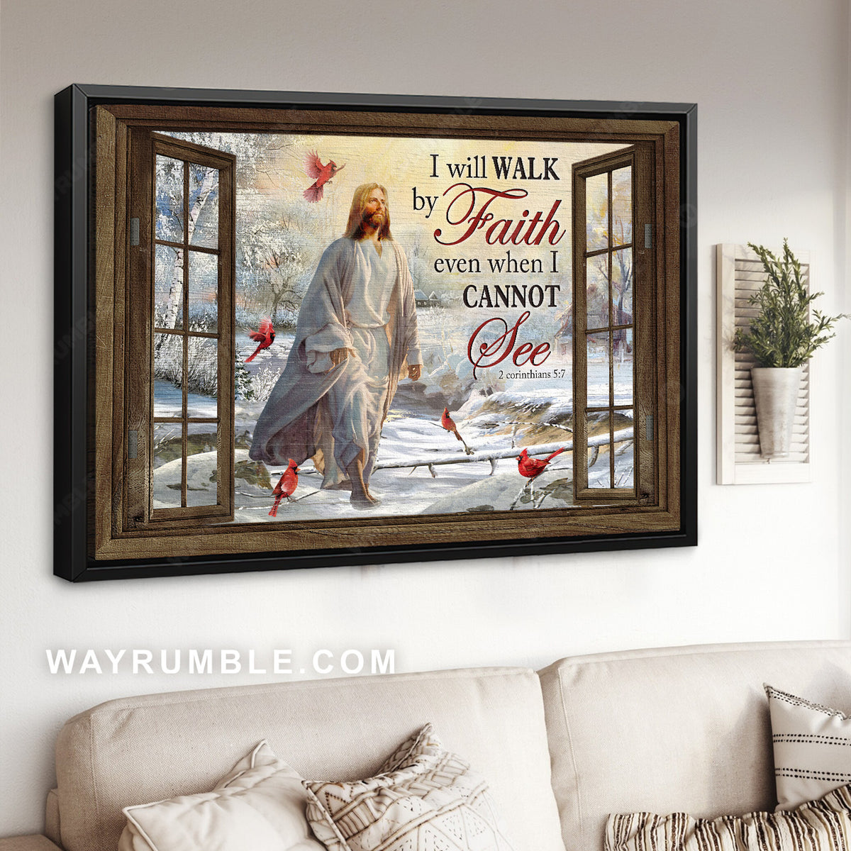 Beautiful snow valley, Jesus painting, Red cardinal, I will walk by faith - Jesus Landscape Canvas Prints, Christian Wall Art