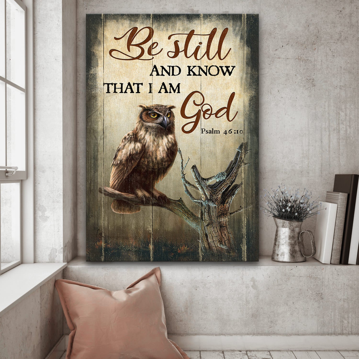 Owl, Standing on tree branch, Be still and know that I am God - Jesus Portrait Canvas Prints, Wall Art