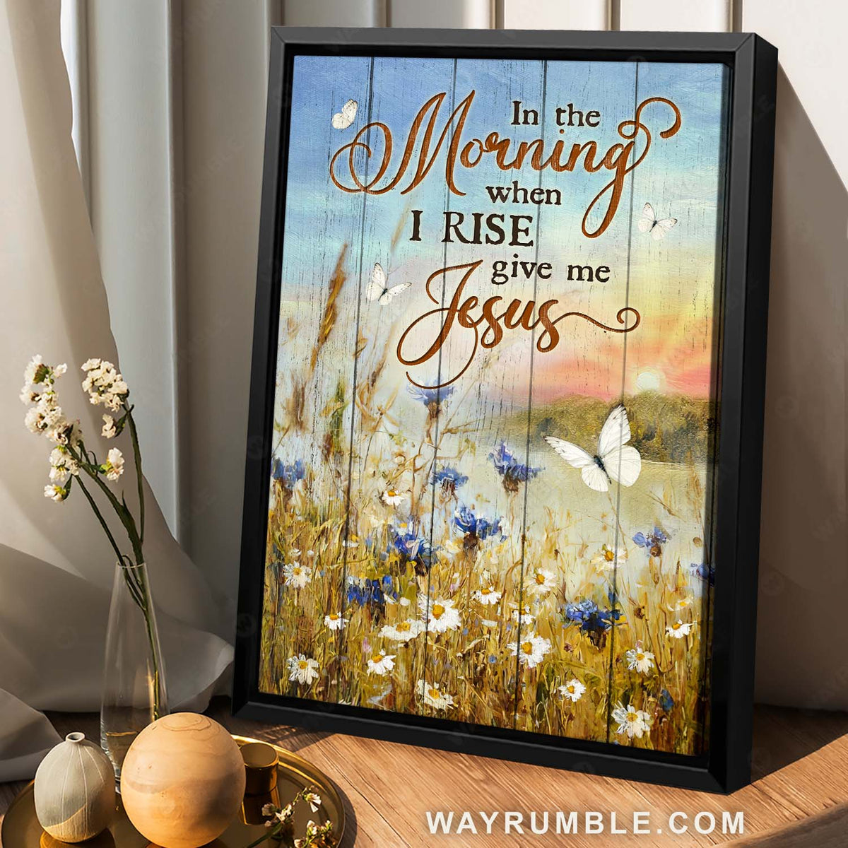 Daisy field, Stunning sunrise, White butterfly, In the morning when I rise - Jesus Portrait Canvas Prints, Home Decor Wall Art