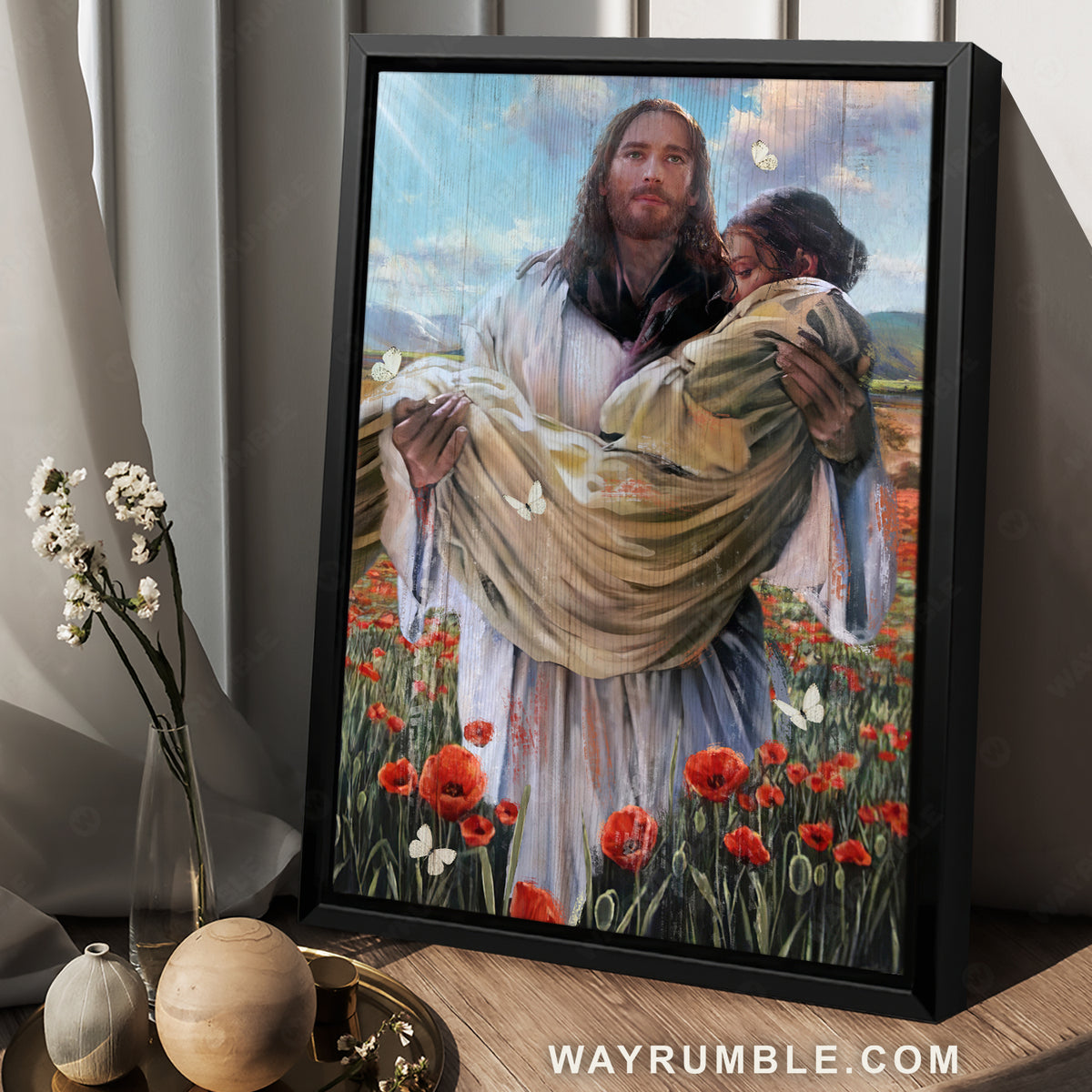 Beautiful lady, Red poppy field, White butterfly, Christ the redeemer - Jesus Portrait Canvas Prints, Christian Wall Art