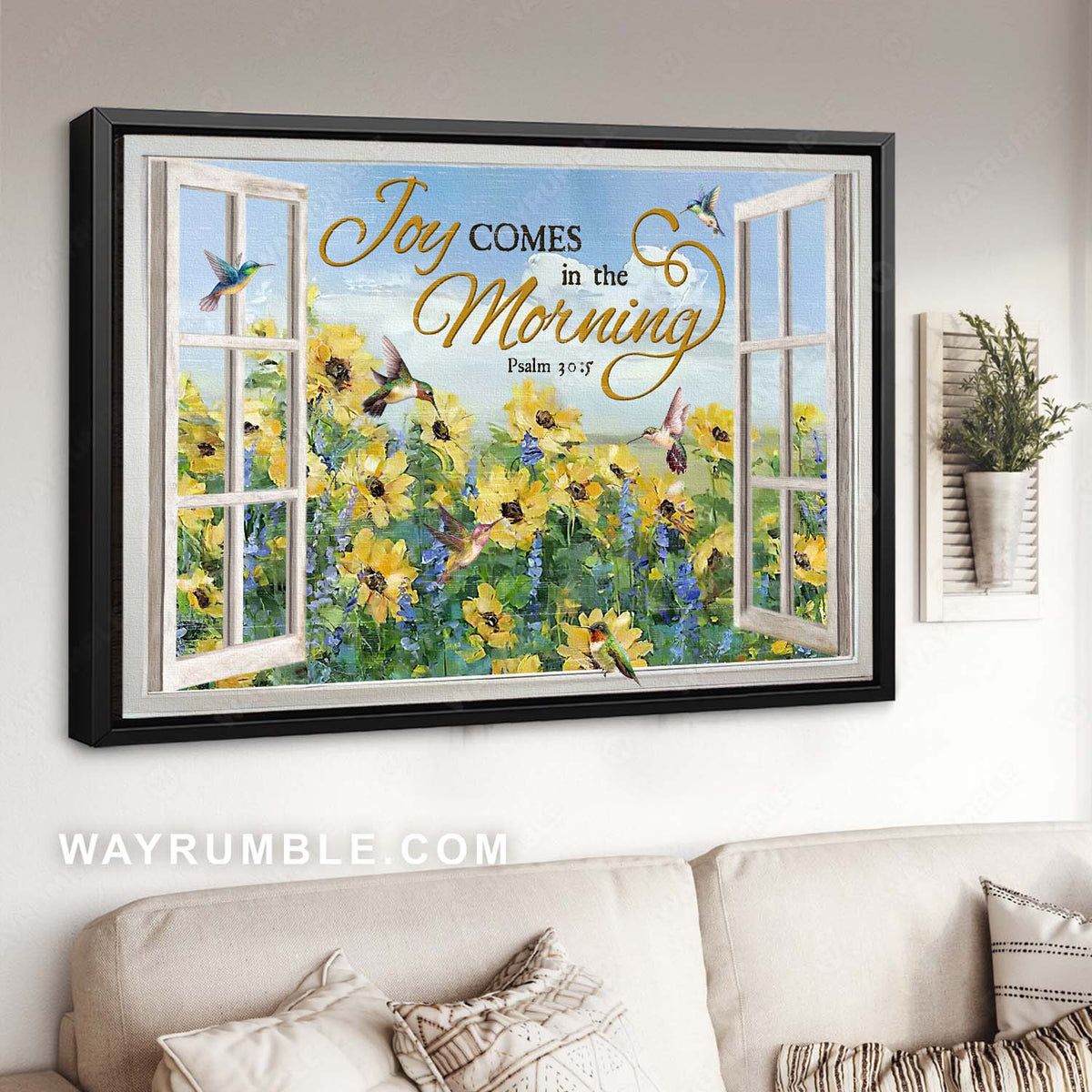 Hummingbird painting, Yellow flower, Inspirational art, Joy comes in the morning - Jesus Landscape Canvas Prints, Home Decor Wall Art