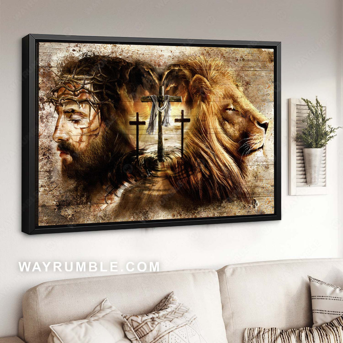 Lion of Judah, Three wooden crosses, Vintage painting, Amazing Jesus drawing - Jesus Landscape Canvas Prints, Christian Wall Art