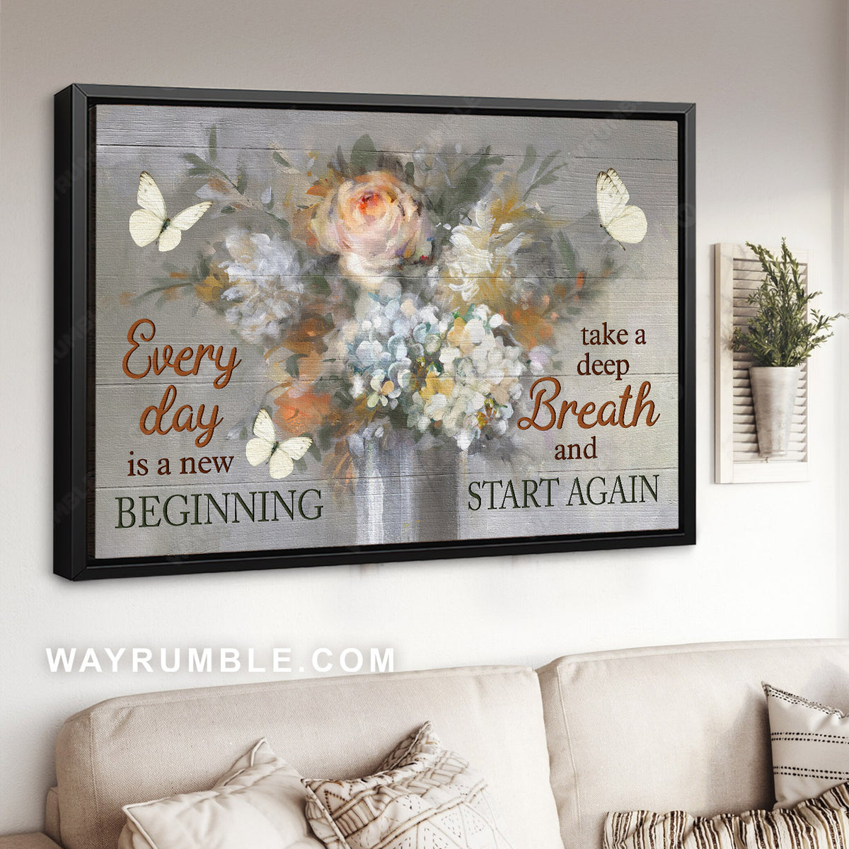 Abstract flower, White butterfly, Motivational quote, Every day is a new beginning - Jesus Landscape Canvas Prints, Home Decor Wall Art