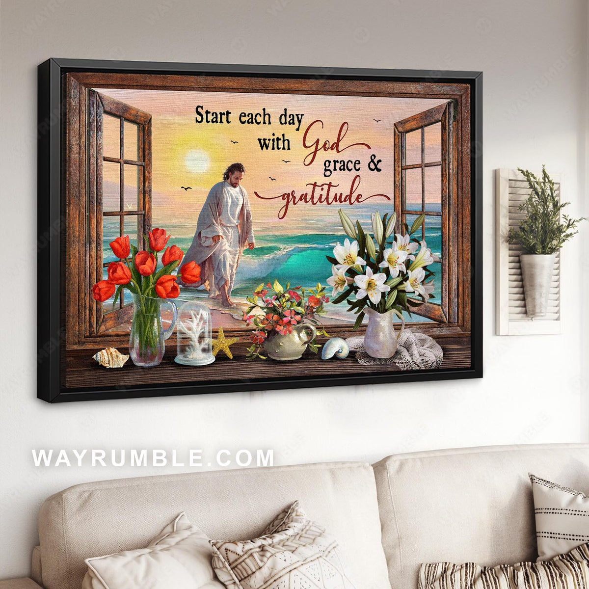 Beautiful beach, Lovely flower vase, Start each day with God, grace &amp; gratitude - Jesus Landscape Canvas Prints, Christian Wall Art
